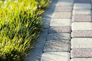 A brick walkway bordered by lush green grass on either side, creating a serene outdoor pathway.