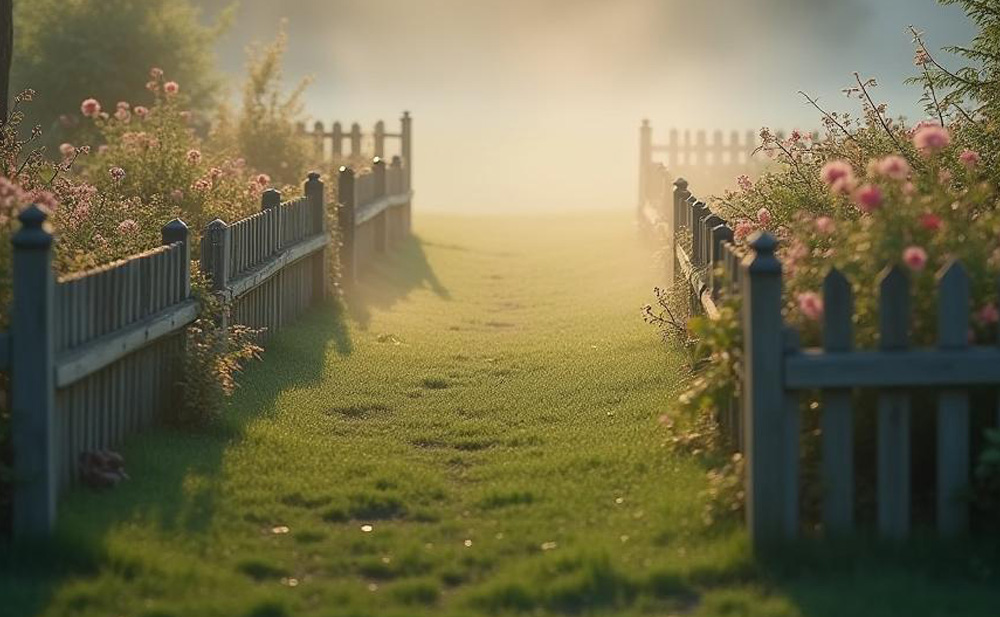 A serene morning scene featuring a path leading to a fence adorned with blooming flowers. 